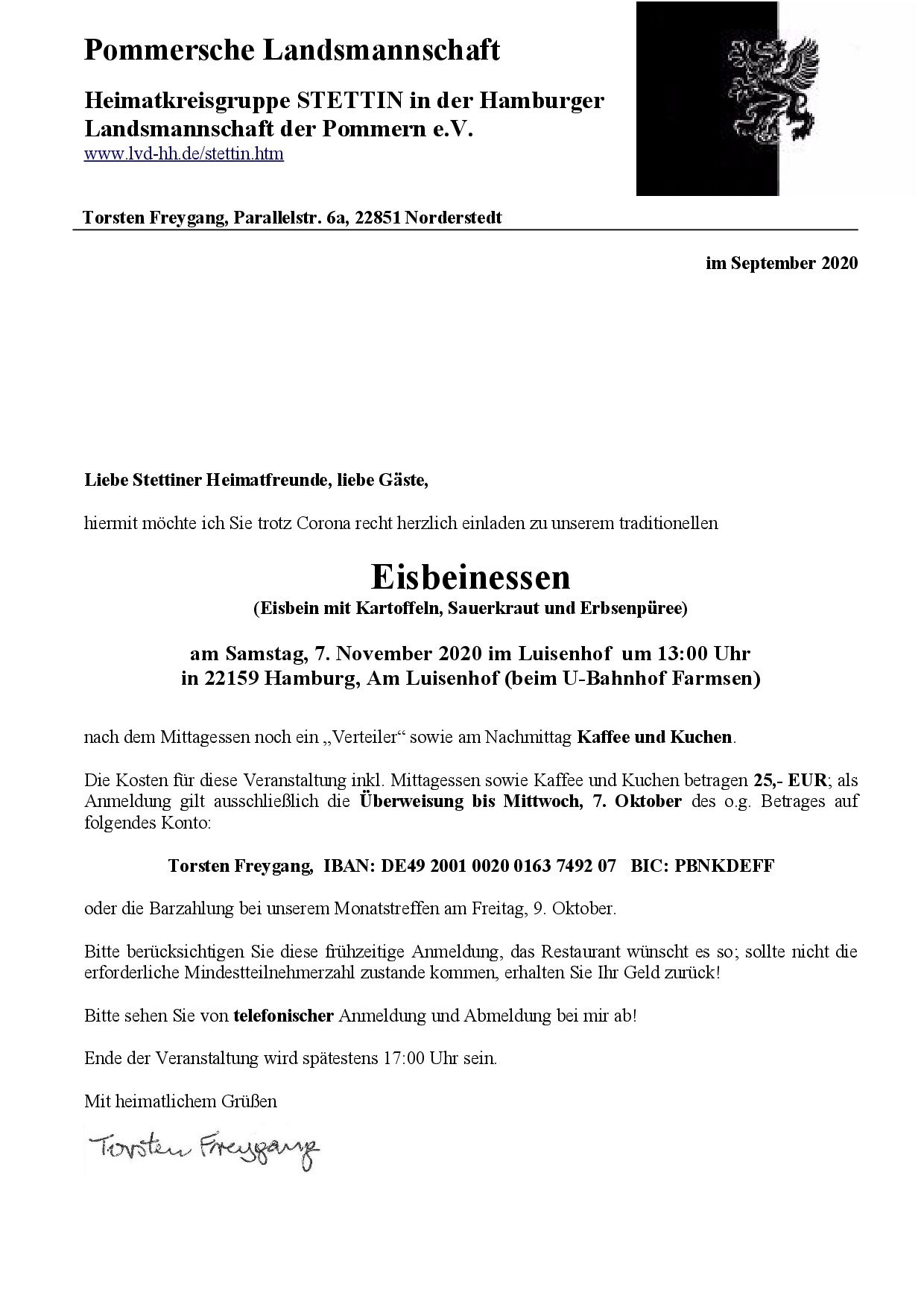 Einladung zum Eisbeinessen am 7.11.2020